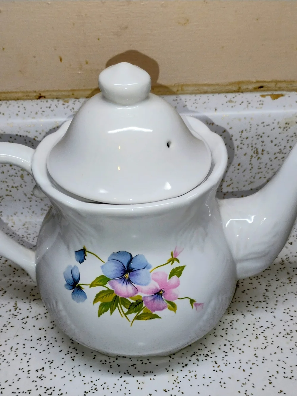 White Porcelain Teapot with Blue and Pink Morning Glory Floral Design